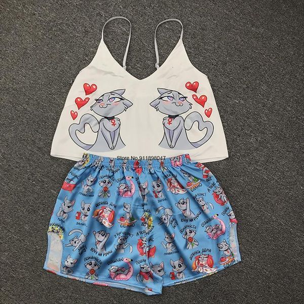 cartoon cat print pajama sets womens sleepwears pattern pajamas strap sleeveless sleepwear set female summer night wear home suit, Black;red